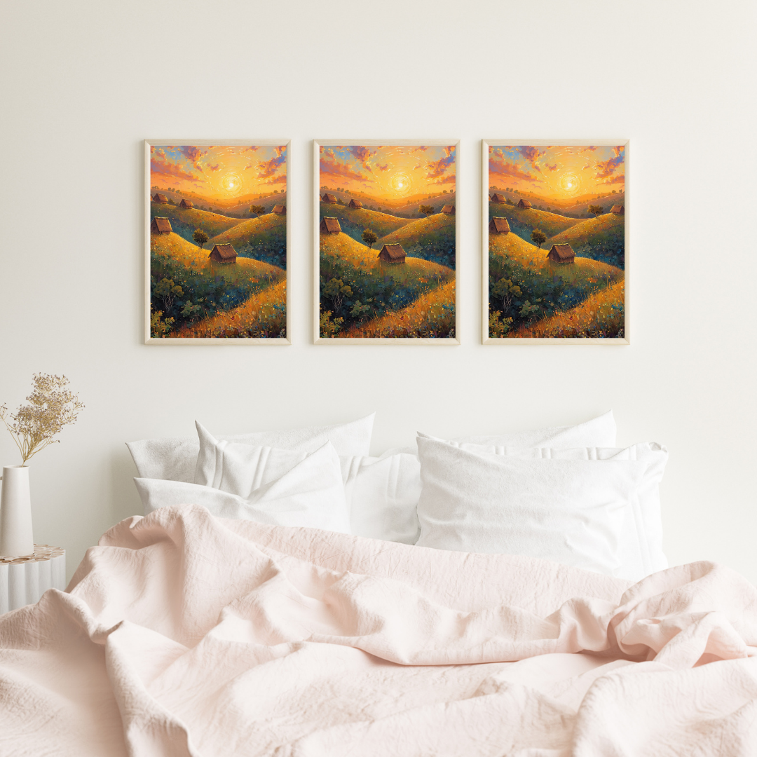 Platteland zonsondergang schilderij als set van drie aan witte muur boven wit bed met witte kussens en witte hanglamp – nostalgisch wall art slaapkamer
