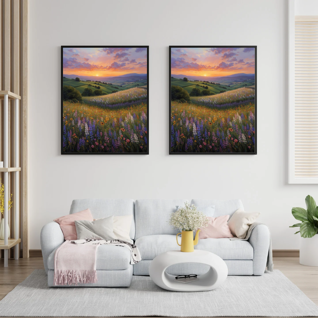 Lavendel zonsondergang schilderij als set van twee aan witte muur boven witte bank met grijze kussens en ronde salontafel – romantisch wall art woonkamer
