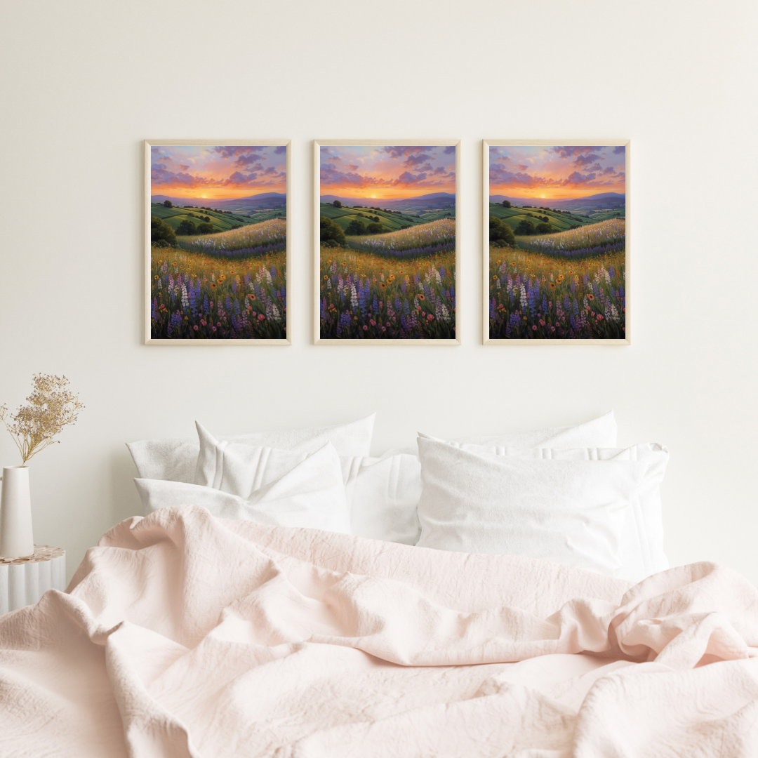 Lavendel zonsondergang schilderij als set van drie aan witte muur boven wit bed met witte kussens en witte hanglamp – romantisch wall art slaapkamer
