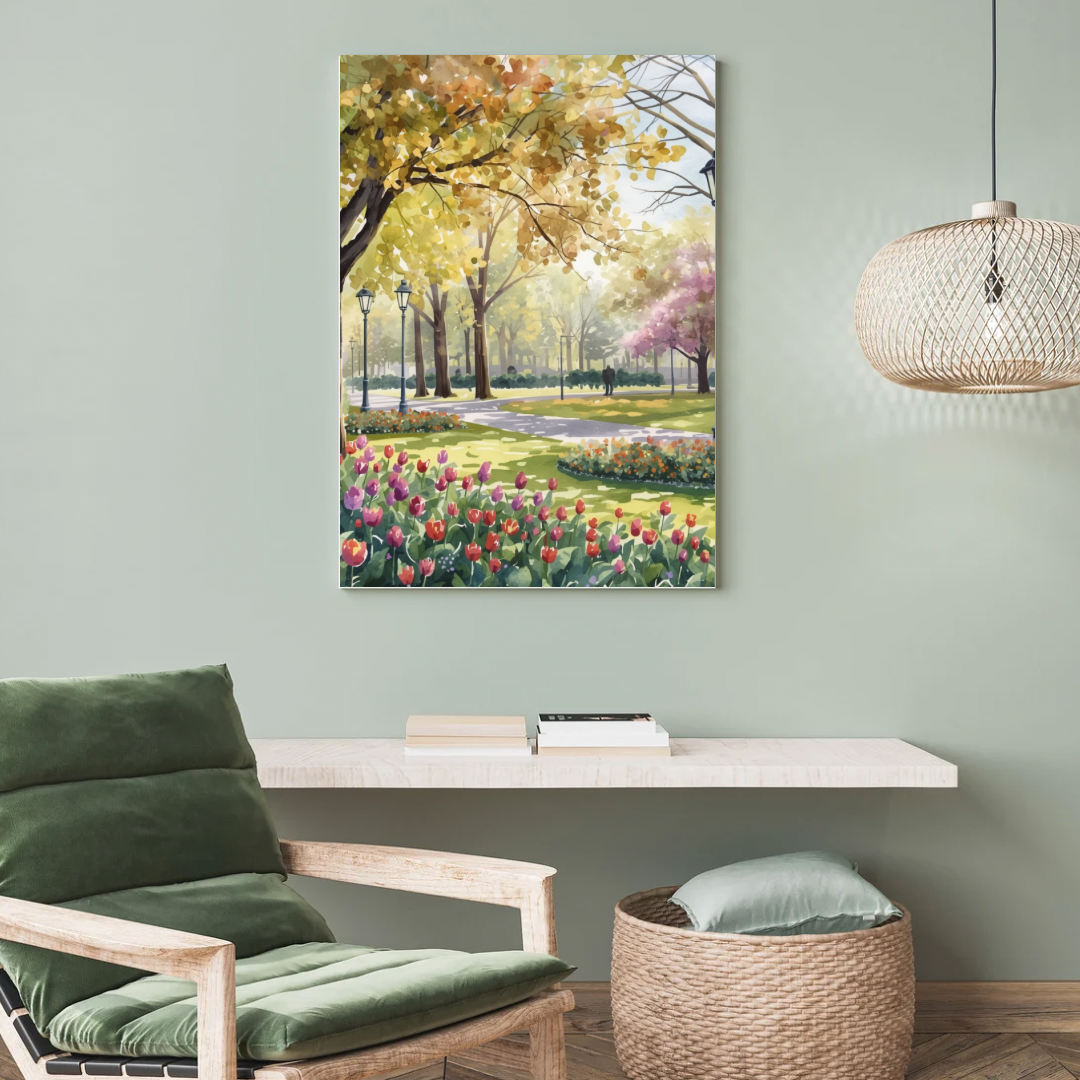 Eindhoven park lente schilderij aan lichtblauwe muur naast groene bank met witte salontafel en hanglamp – aquarel wall art woonkamer
