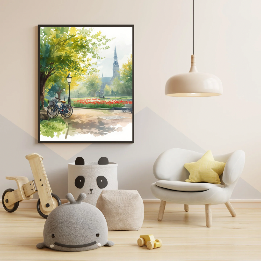 Eindhoven park schilderij aan witte muur naast witte bank met speelgoed olifant en groene plant – aquarel cityscape wall art kinderkamer
