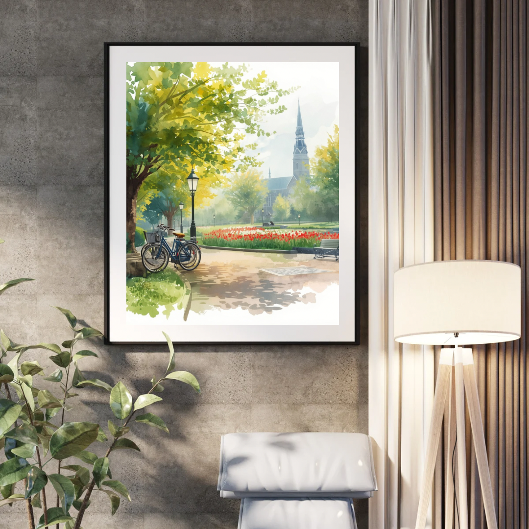 Eindhoven park schilderij in zwarte lijst staand naast staande lamp met groene plant en gordijnen – aquarel cityscape wall art woonkamer
