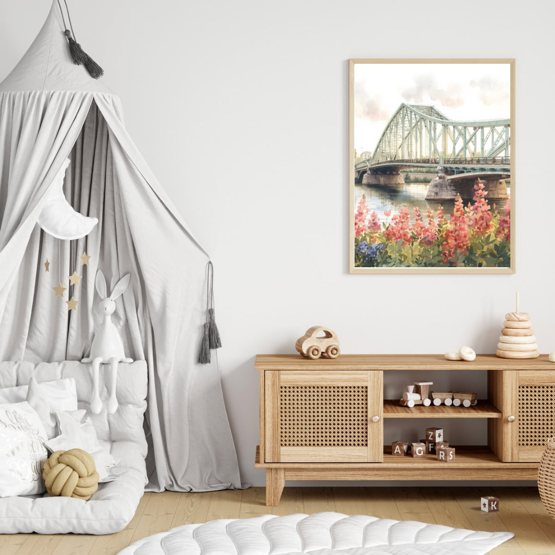 Eindhoven brug schilderij staand op houten dressoir naast speelgoed tent met gordijnen in kinderkamer – aquarel wall art kinderkamer
