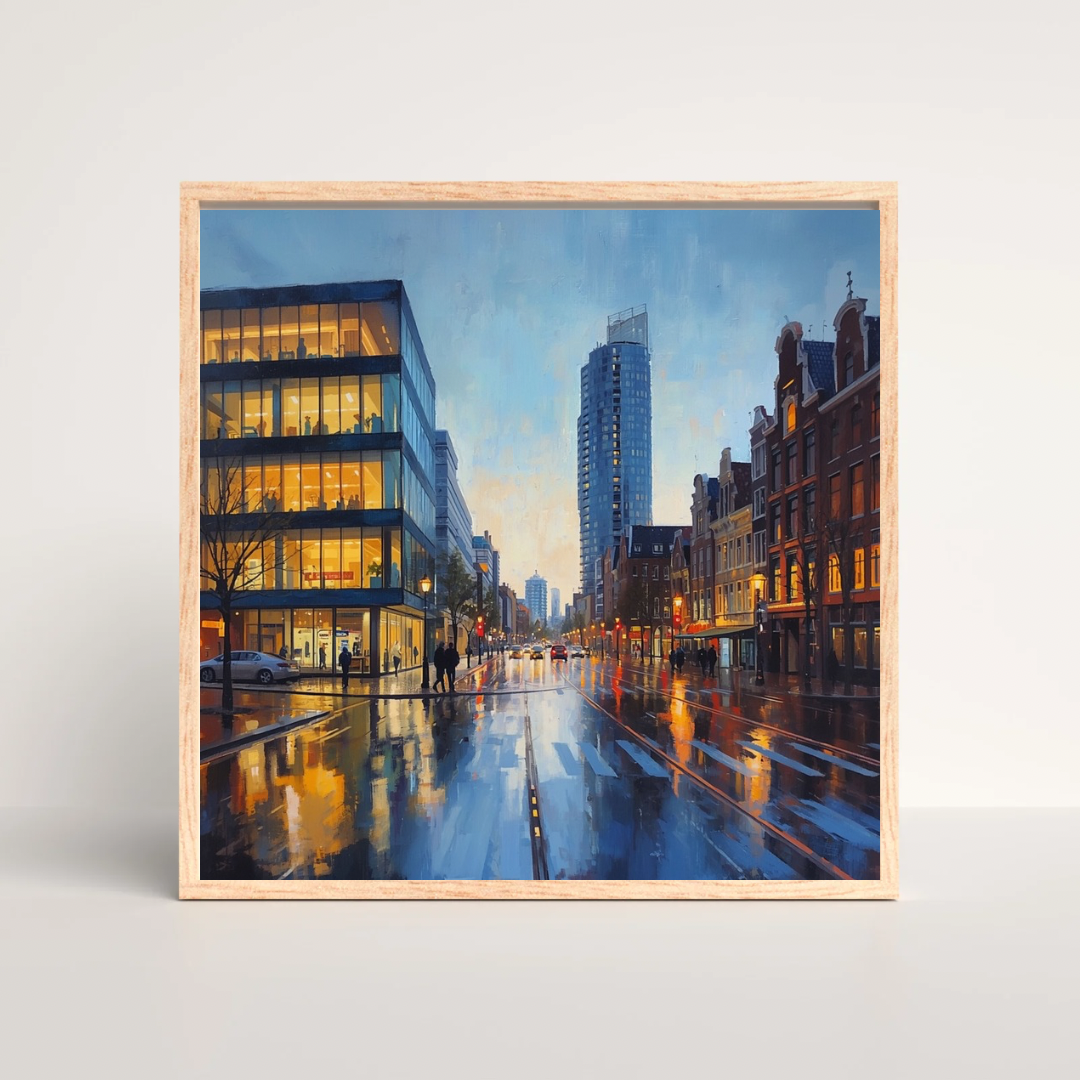 Eindhoven avond skyline schilderij in houten lijst staand op witte ondergrond tegen witte muur – urban cityscape wall art woonkamer
