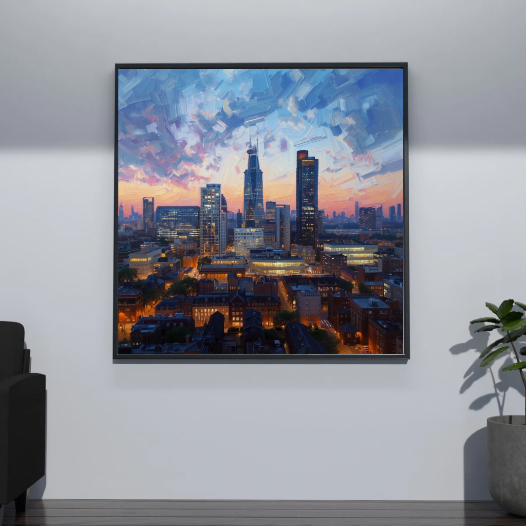 Eindhoven skyline zonsondergang schilderij aan donkere muur naast groene plant en witte vloerlamp – urban cityscape wall art woonkamer
