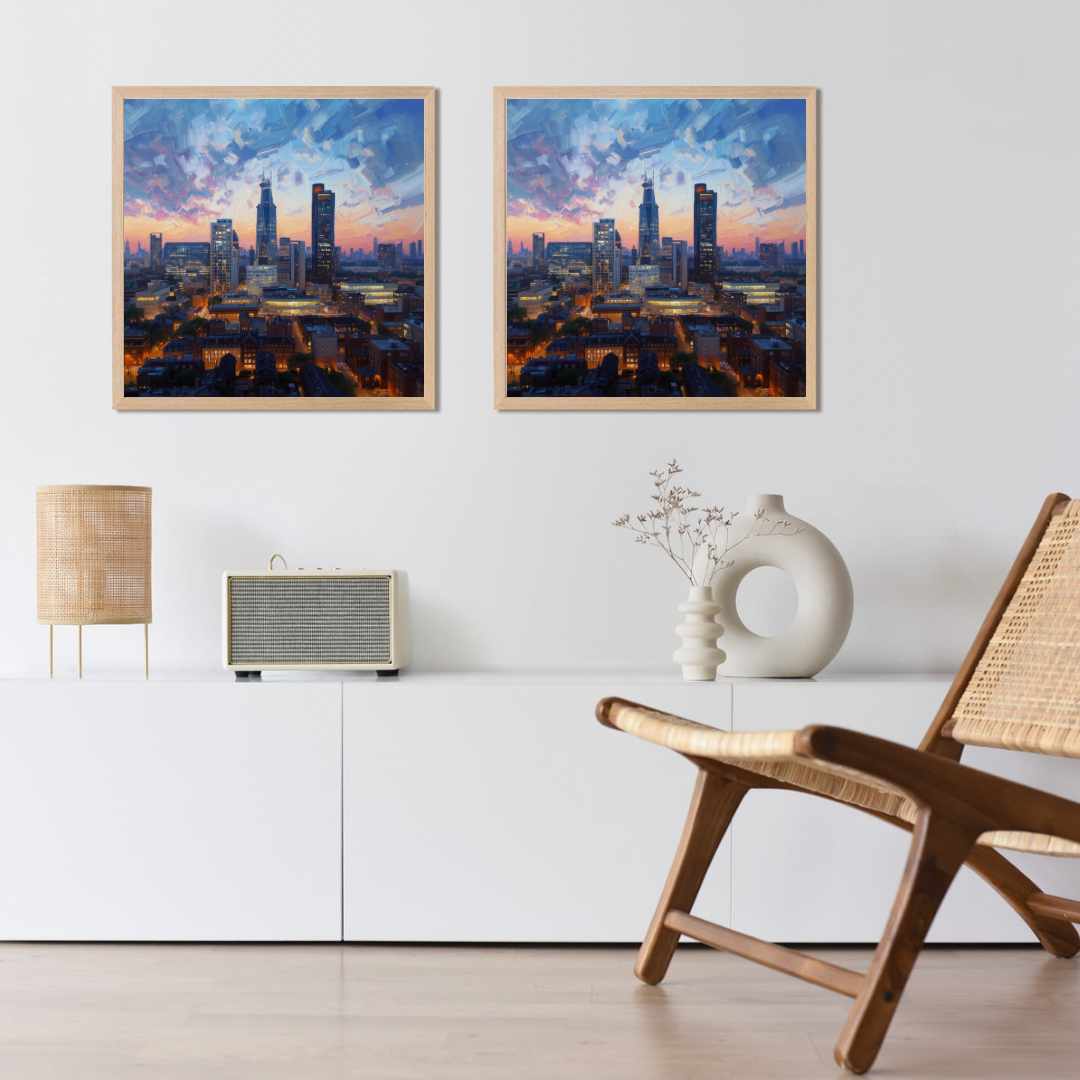 Eindhoven skyline zonsondergang schilderij als set van twee in houten lijst op wit dressoir met witte sculptuur en houten stoel – urban wall art woonkamer
