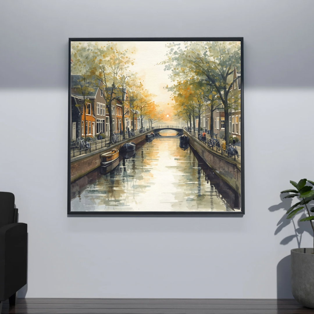 Eindhoven gracht herfst schilderij aan lichtgrijze muur naast groene plant en witte vloerlamp – aquarel cityscape wall art woonkamer
