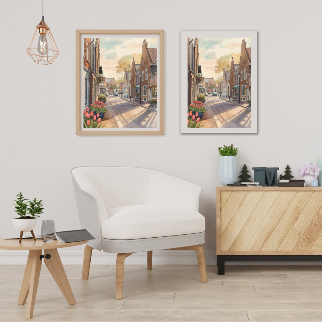 Eindhoven binnenstad lente schilderij als set van twee aan witte muur boven wit dressoir met witte stoel en kleine plant – aquarel cityscape wall art woonkamer
