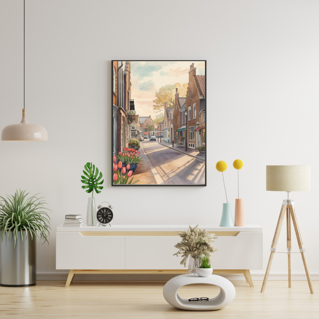 Eindhoven binnenstad lente schilderij aan witte muur boven wit tv-meubel met groene plant, gele vaas en groene lamp – aquarel cityscape wall art woonkamer
