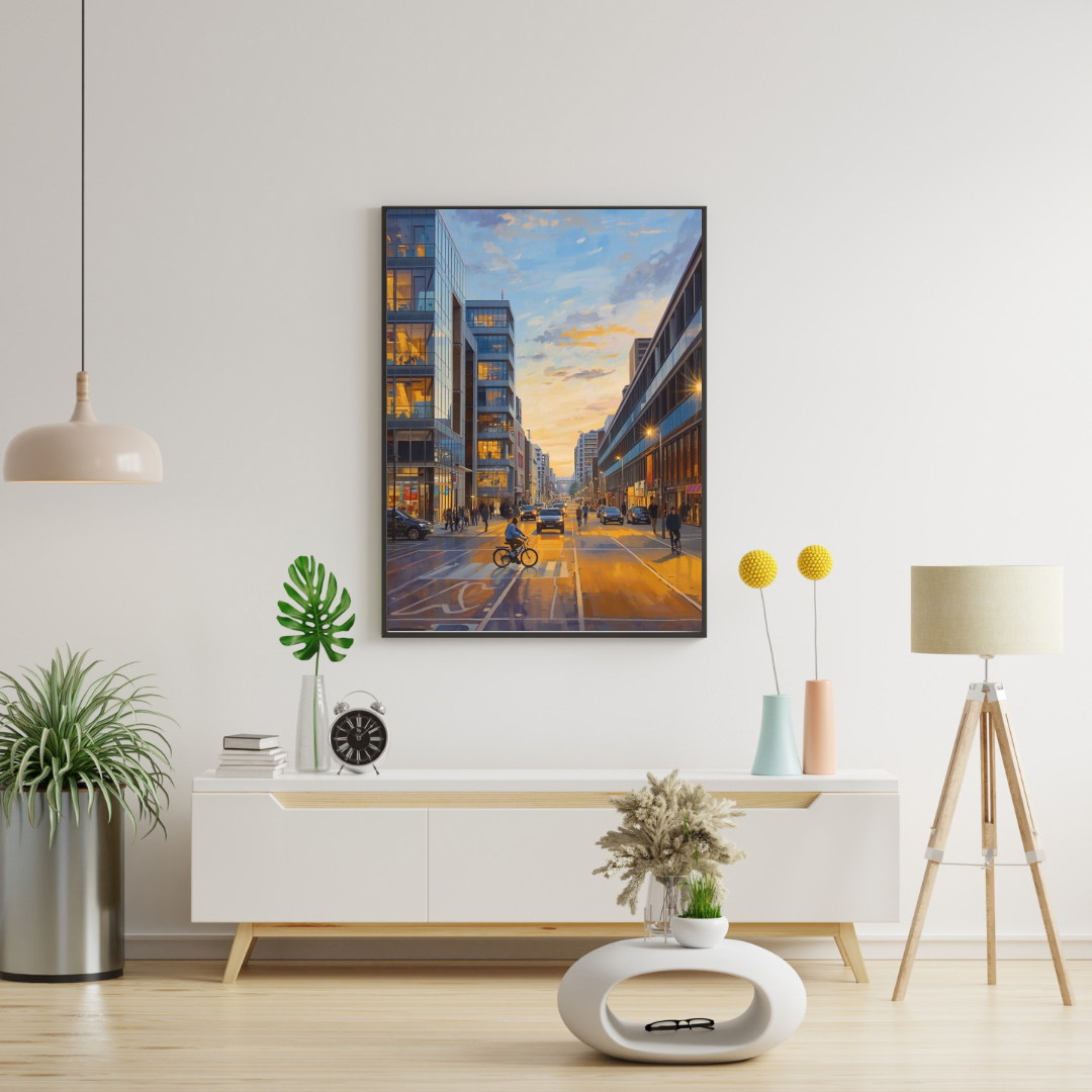 Eindhoven avondstraat schilderij aan witte muur boven wit tv-meubel met groene plant, witte vaas en gele decoratie – urban cityscape wall art woonkamer
