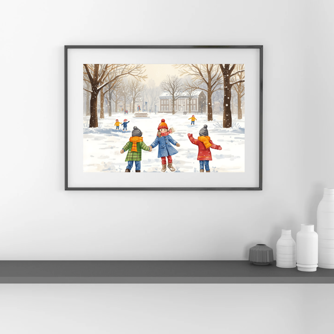Groningen sneeuw schilderij in zwarte lijst aan lichte muur boven donker tv-meubel met decoratieve objecten – wall art print woonkamer

