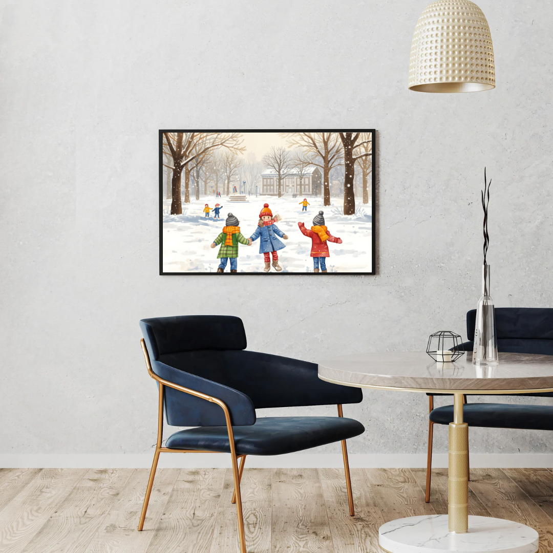 Groningen sneeuw schilderij in zwarte lijst aan witte muur boven zwart bureau met blauwe stoel en hanglamp – wall art print thuiskantoor
