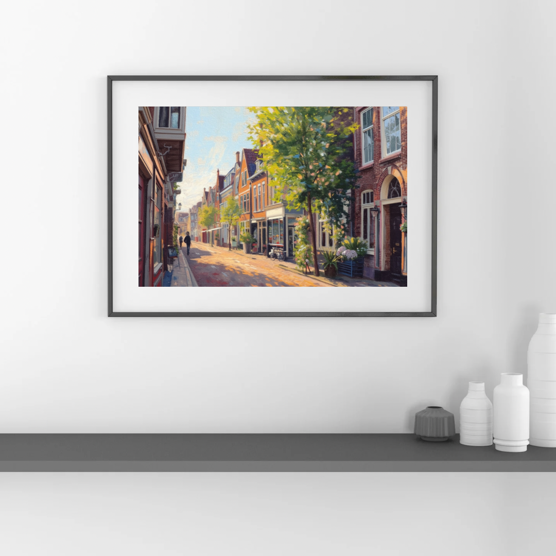 Groningen zonnige straat schilderij in zwarte lijst aan witte muur boven grijze plint in moderne woonkamer – olieverf wall art interieur
