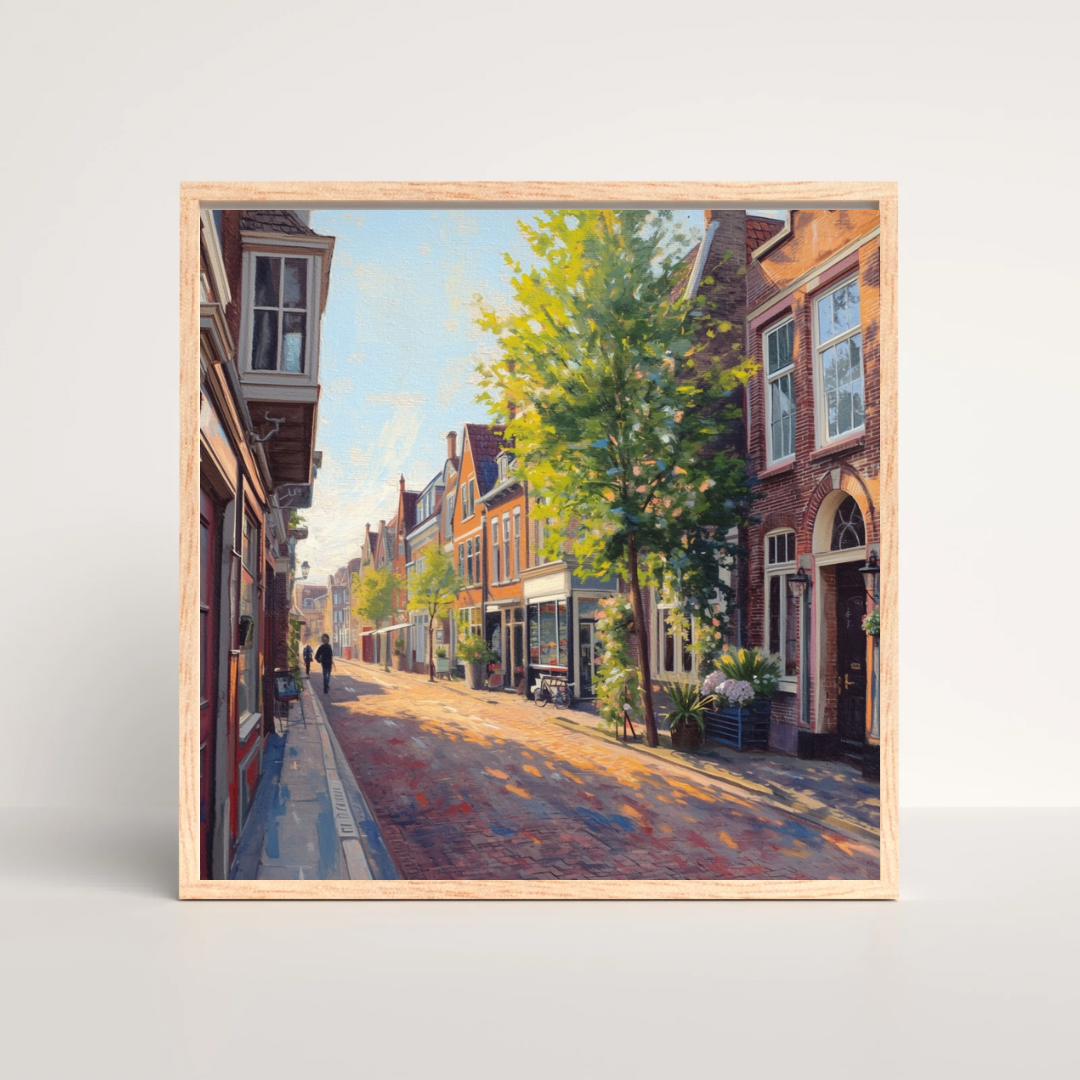 Groningen zonnige straat schilderij in houten lijst op witte muur boven lichte vloer in minimalistische ruimte – olieverf wall art print
