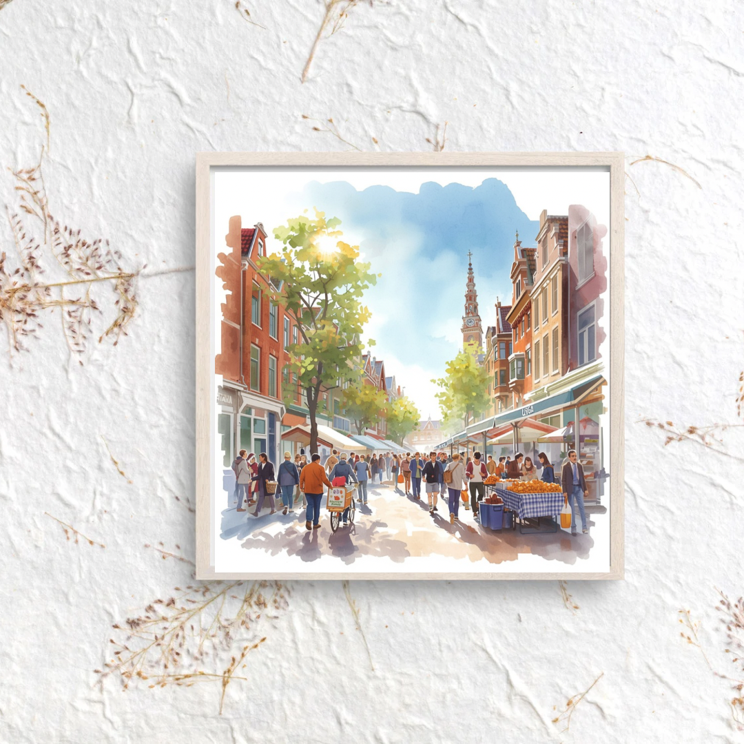 Groningen marktstraat aquarel schilderij in witte lijst op gestructureerde witte muur in lichte minimalistische ruimte – wall art print interieur
