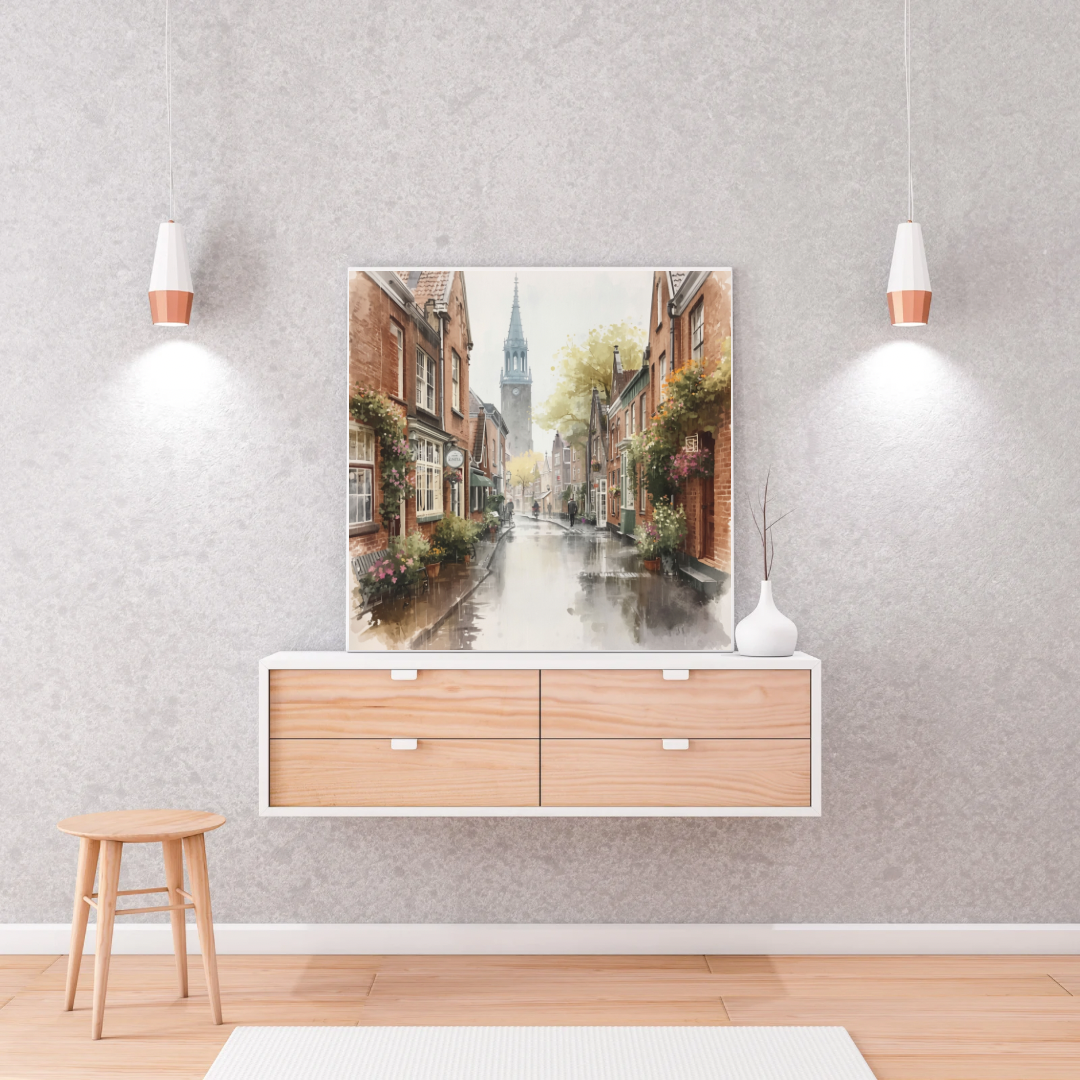 Groningen gracht schilderij in twee smalle lijsten aan witte muur boven licht houten dressoir met wandspots – aquarel wall art print interieur
