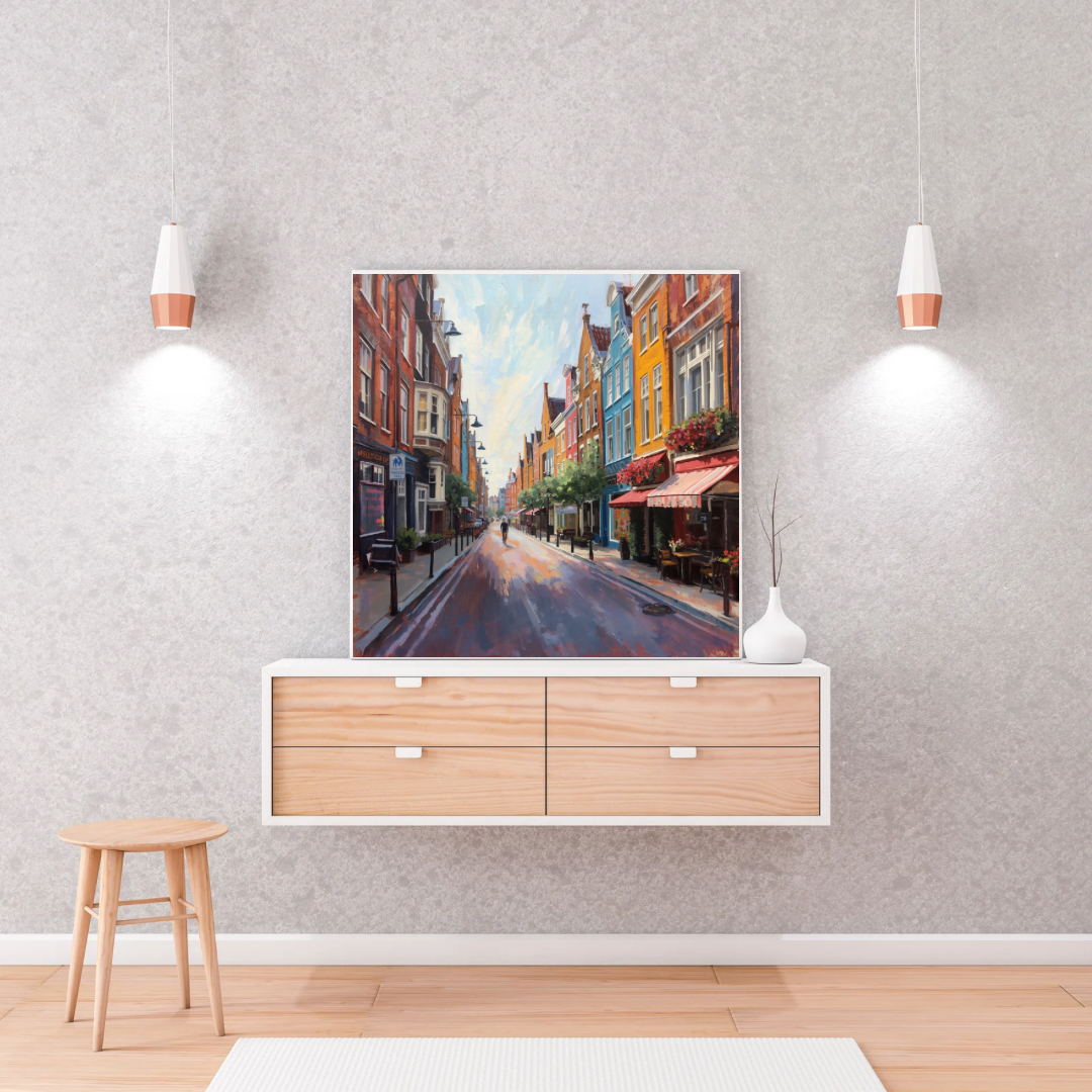 Groningen kleurrijke straat schilderij in houten lijst aan witte muur boven licht houten dressoir met wandspots in slaapkamer – wall art print
