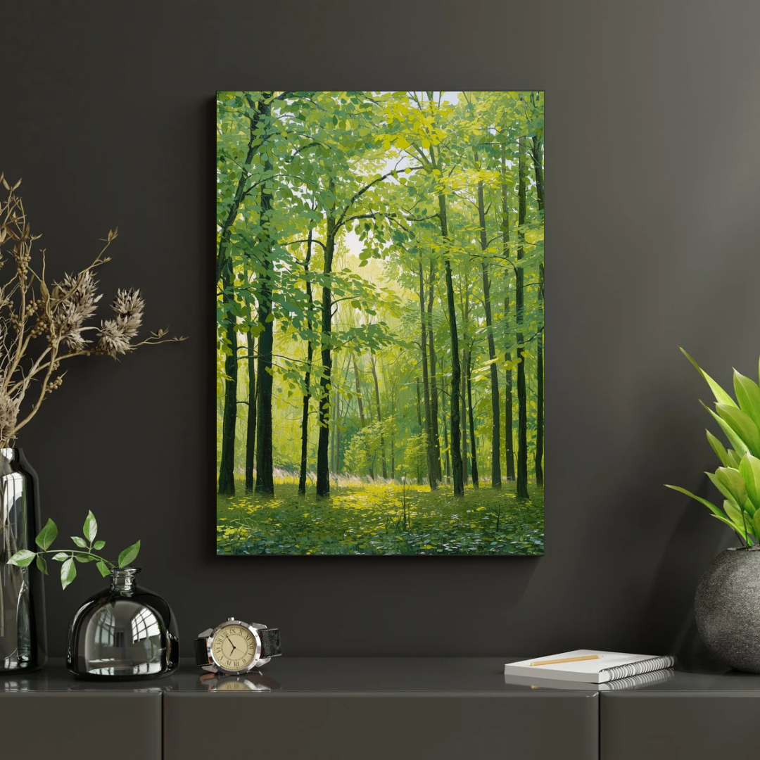 Bos schilderij in lijst aan donkere muur boven zwarte kast met groene plant en decoratieve objecten – natuur wall art print interieur

