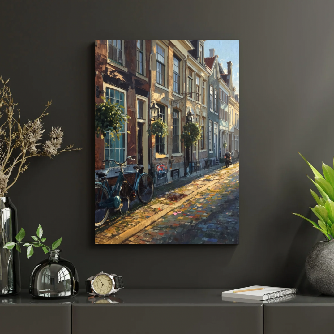 Groningen straat schilderij in houten lijst aan witte muur naast vaas met bloemen en decoratieve objecten op tafel – wall art print woonkamer
