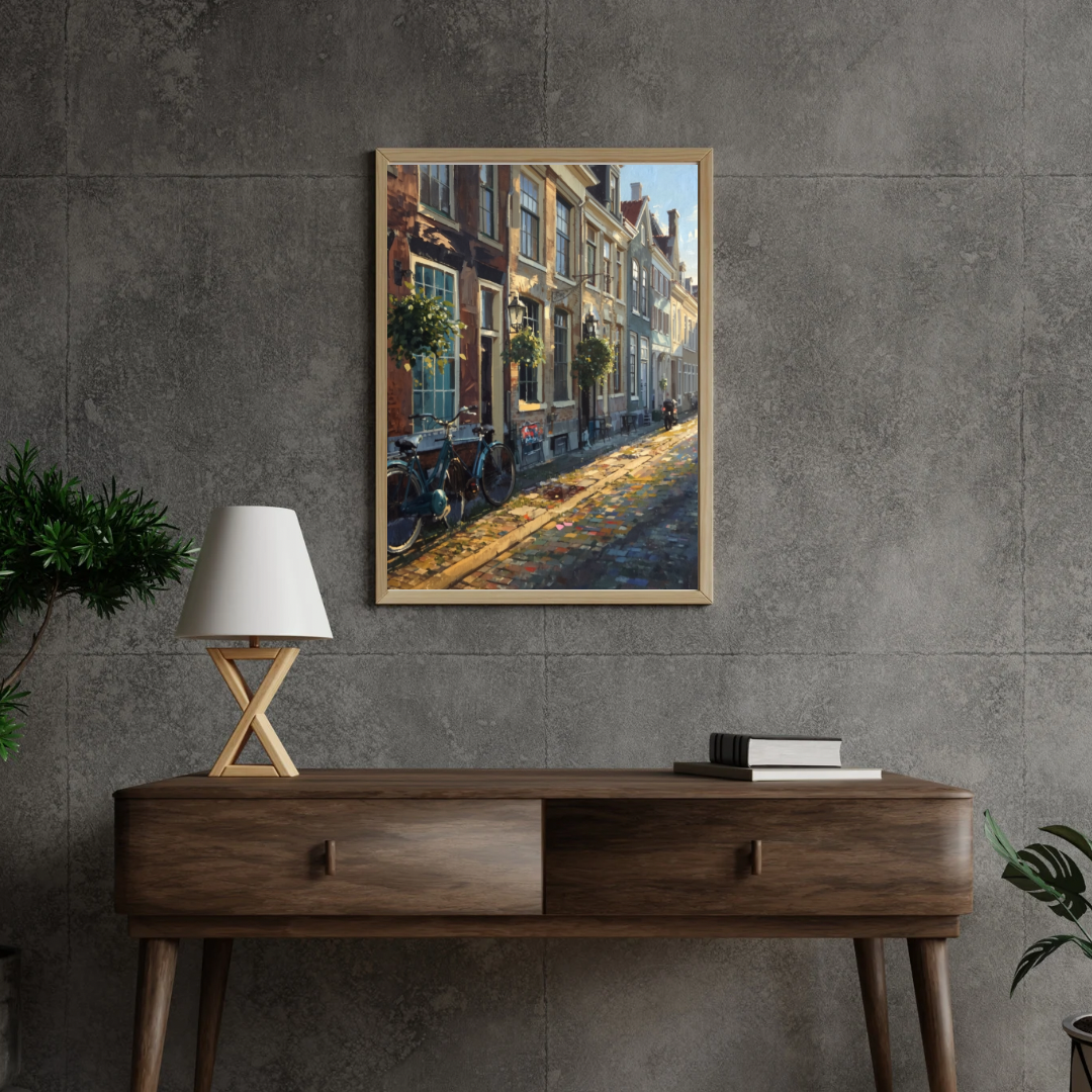 Groningen straat schilderij in houten lijst aan betonnen grijze muur boven donker houten bureau met witte lamp – wall art print thuiskantoor
