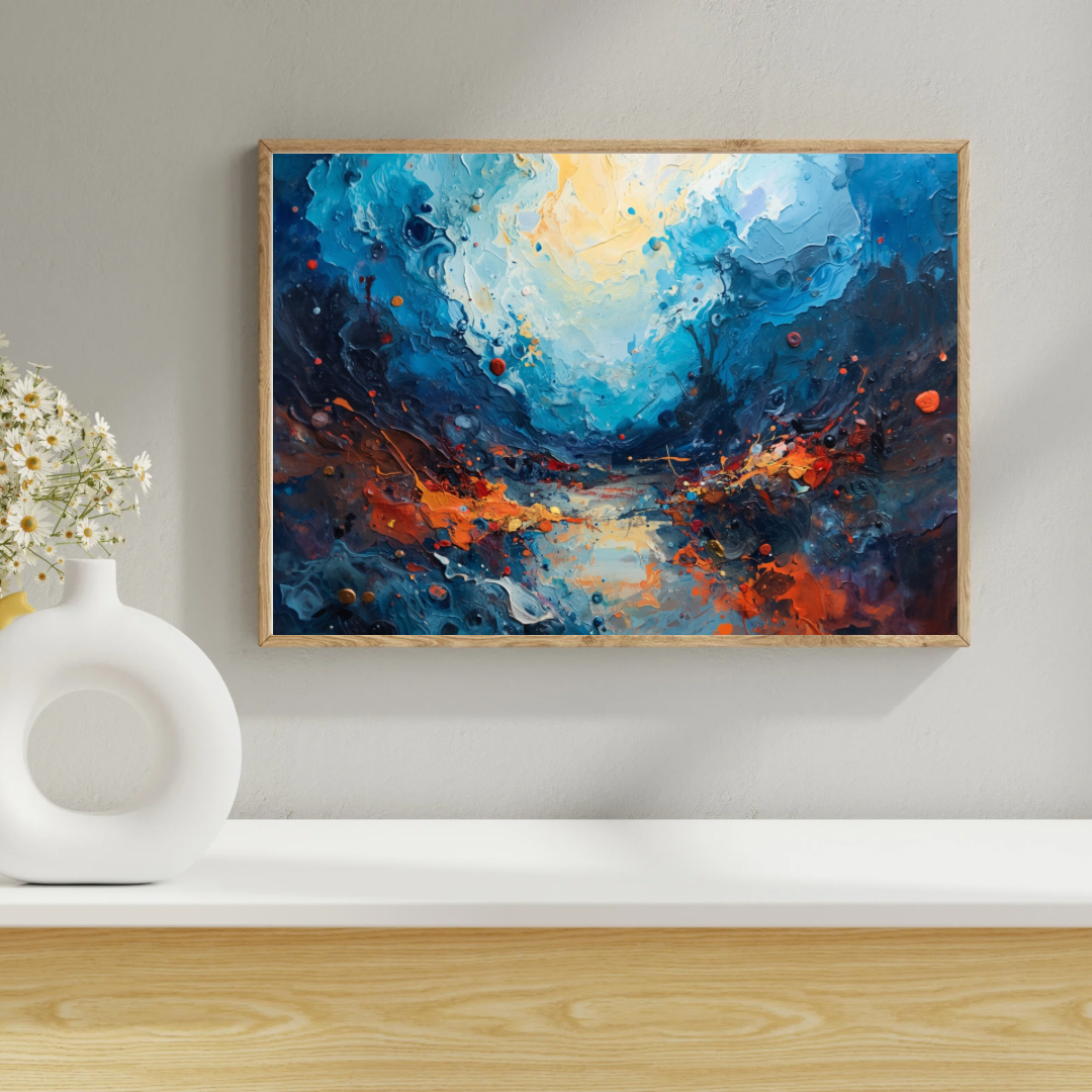 Abstract blauw goud schilderij aan witte muur naast witte vaas op lichte houten vloer in minimalistische ruimte – wall art print interieur
