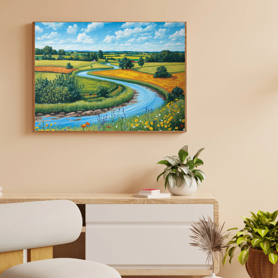 Natuur landschap schilderij in houten lijst aan beige muur boven wit dressoir met groene plant en terrazzo vloer – wall art print interieur
