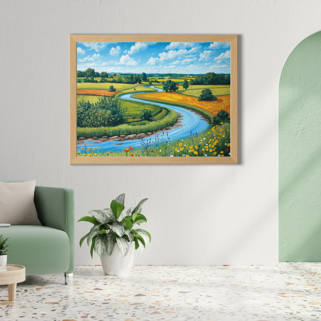 Natuur landschap schilderij in houten lijst aan witte muur boven groene fauteuil met witte plant en groene boog – wall art print woonkamer

