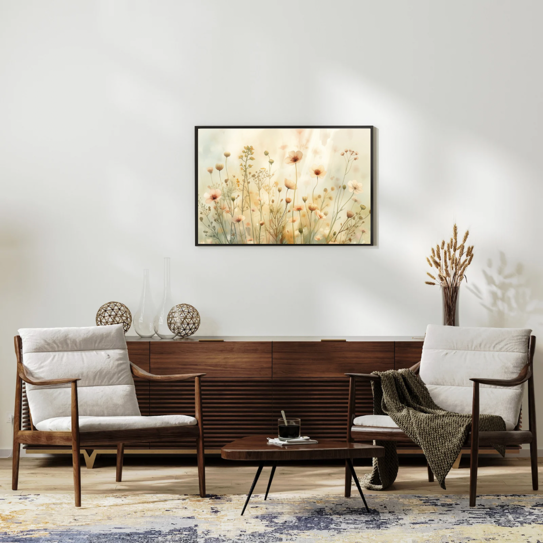 Wilde bloemen schilderij in zwarte lijst aan witte muur boven donker houten salontafel in klassieke woonkamer – aquarel wall art print interieur
