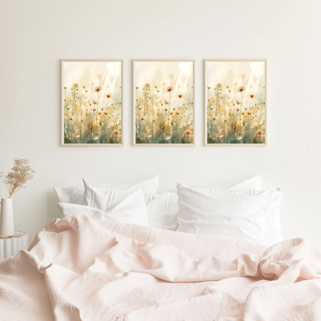 Wilde bloemen schilderij als drieluik in smalle lijsten aan witte muur boven zacht roze beddengoed in slaapkamer – aquarel wall art print
