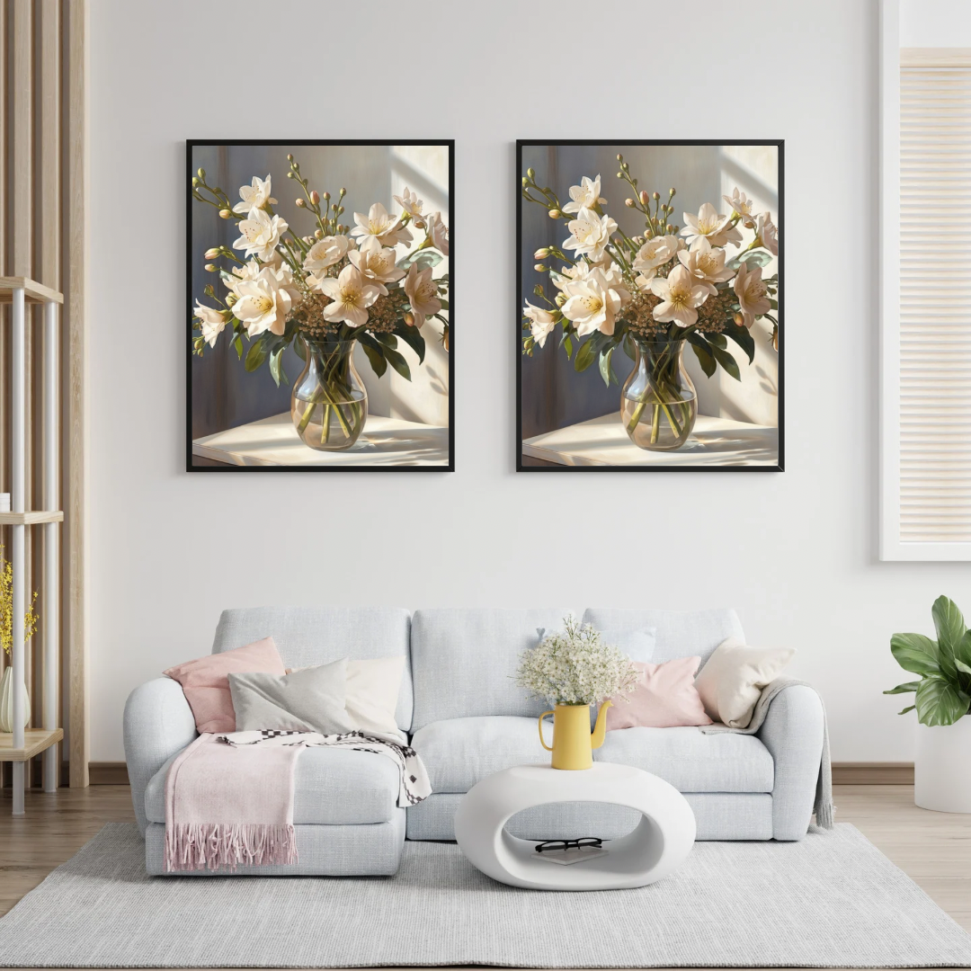 Roomwit boeket schilderij als diptiek in zwarte lijsten aan witte muur boven witte bank met gele kussens in woonkamer – bloemen wall art print interieur
