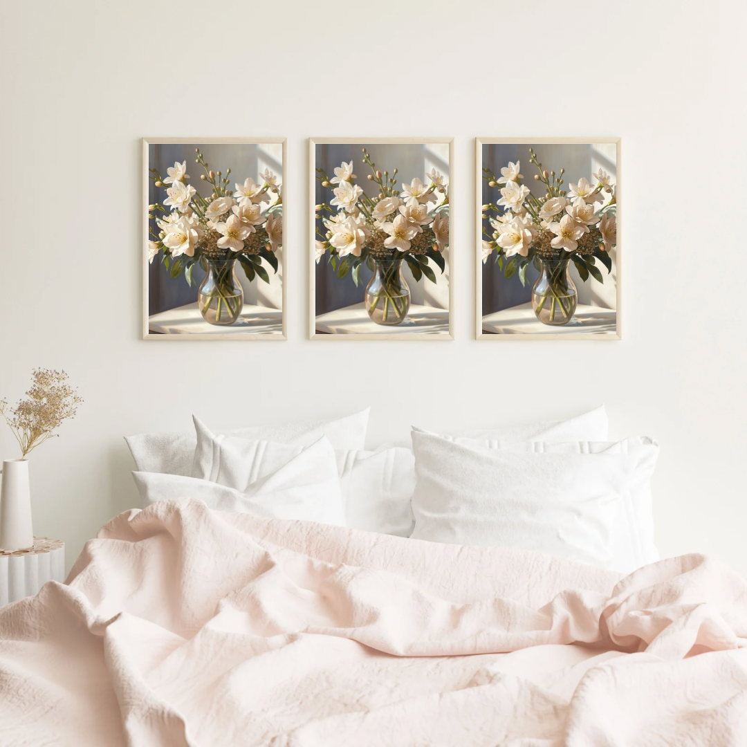 Roomwit boeket schilderij als drieluik in smalle lijsten aan witte muur boven zacht roze beddengoed in slaapkamer – bloemen wall art print
