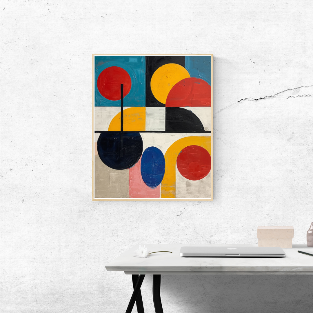 Abstract geometrisch schilderij in houten lijst aan witte muur boven wit bureau met laptop in minimalistisch kantoor – wall art print interieur
