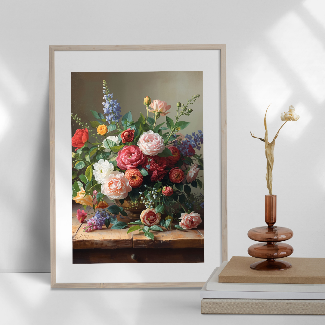 Klassiek bloemen stilleven schilderij in houten lijst staand op boeken naast bruine glazen vaas met droogbloem in witte ruimte – wall art print interieur
