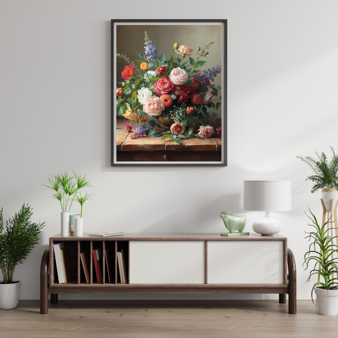 Klassiek bloemen stilleven schilderij in zwarte lijst aan witte muur boven donker houten dressoir met groene planten en witte lamp – wall art print woonkamer
