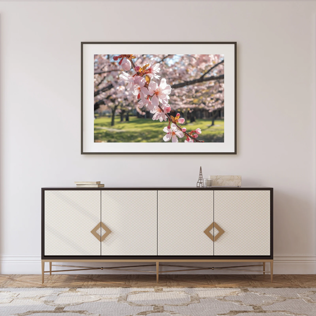 Kersenbloesem schilderij in zwarte lijst aan witte muur boven wit dressoir met gouden details en witte vloer – bloemen wall art print interieur
