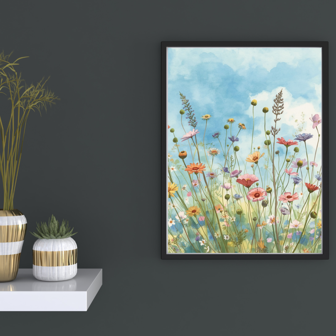 Wilde bloemen aquarel schilderij in zwarte lijst aan antraciet muur boven wit dressoir met gouden vaas en decoratieve objecten – wall art print interieur
