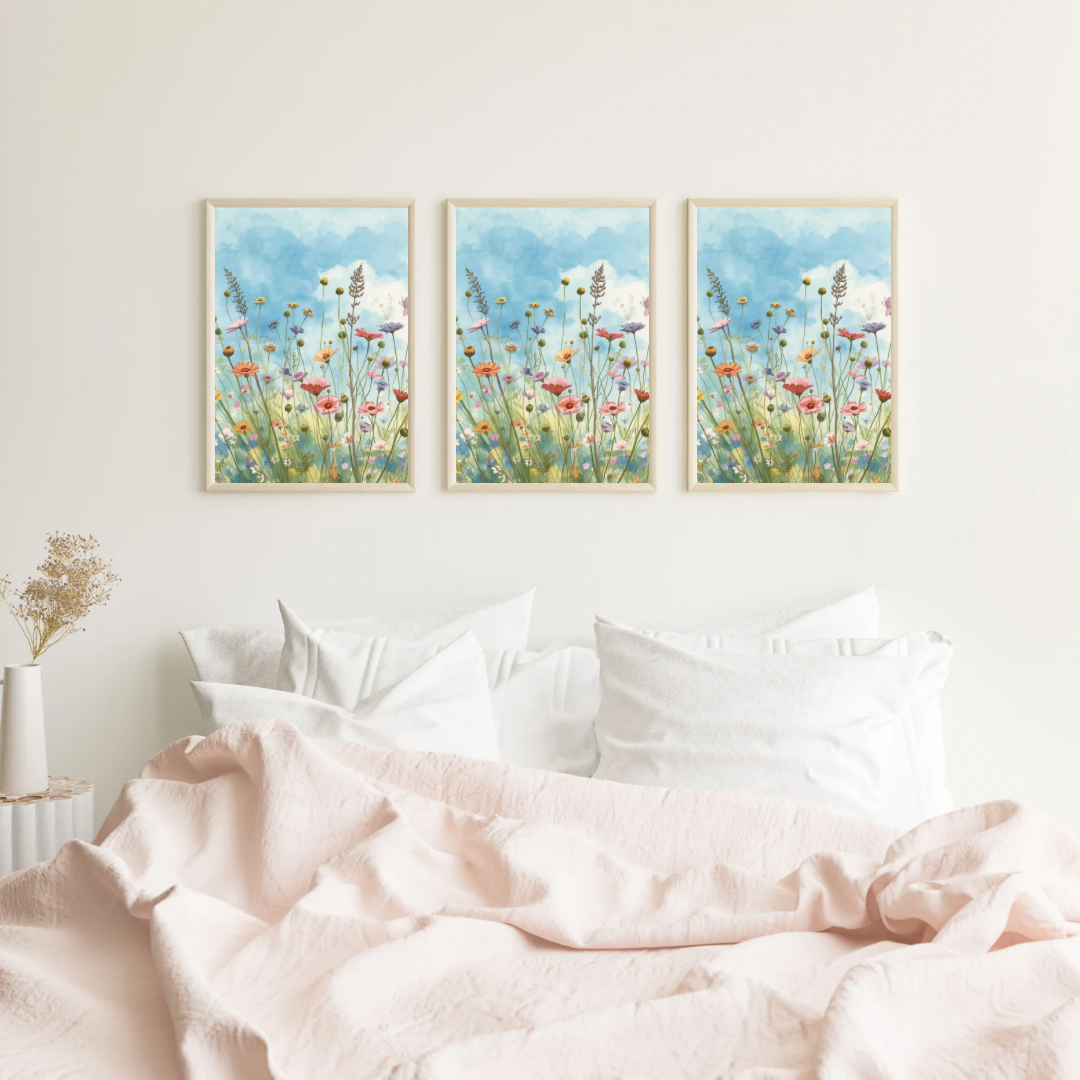 Wilde bloemen aquarel schilderij als drieluik in smalle witte lijsten aan witte muur boven zacht roze beddengoed in slaapkamer – wall art print
