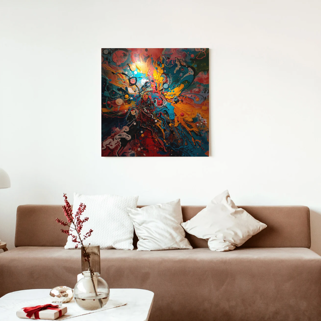 Abstract kleurenexplosie schilderij in witte lijst aan witte muur boven bruine bank met witte kussens en glazen vaas met bloemen – wall art print interieur
