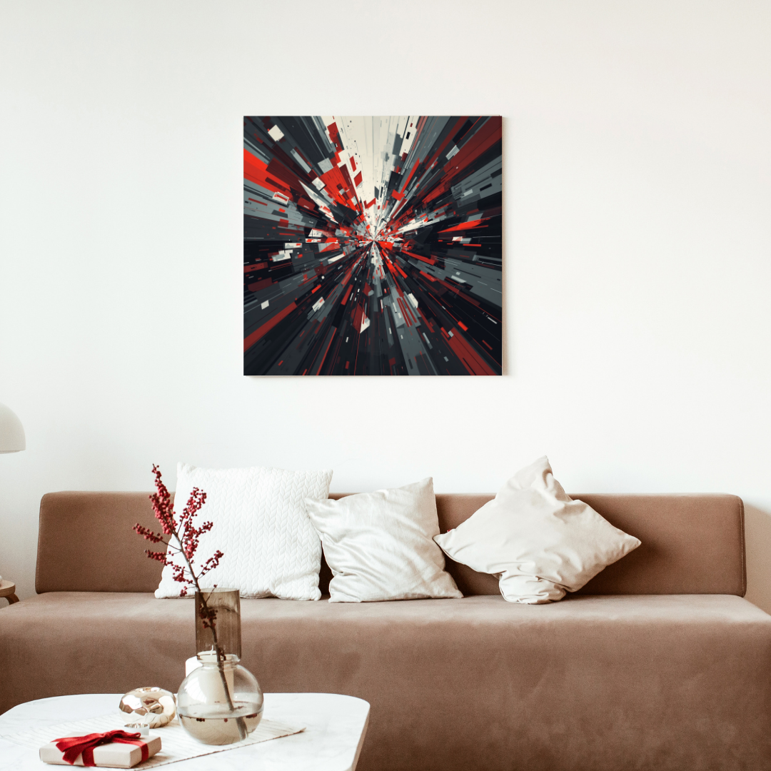 Abstract gebroken glas schilderij in zwarte lijst aan witte muur boven bruine bank met witte kussens en glazen vaas met bloesemtak – wall art print woonkamer

