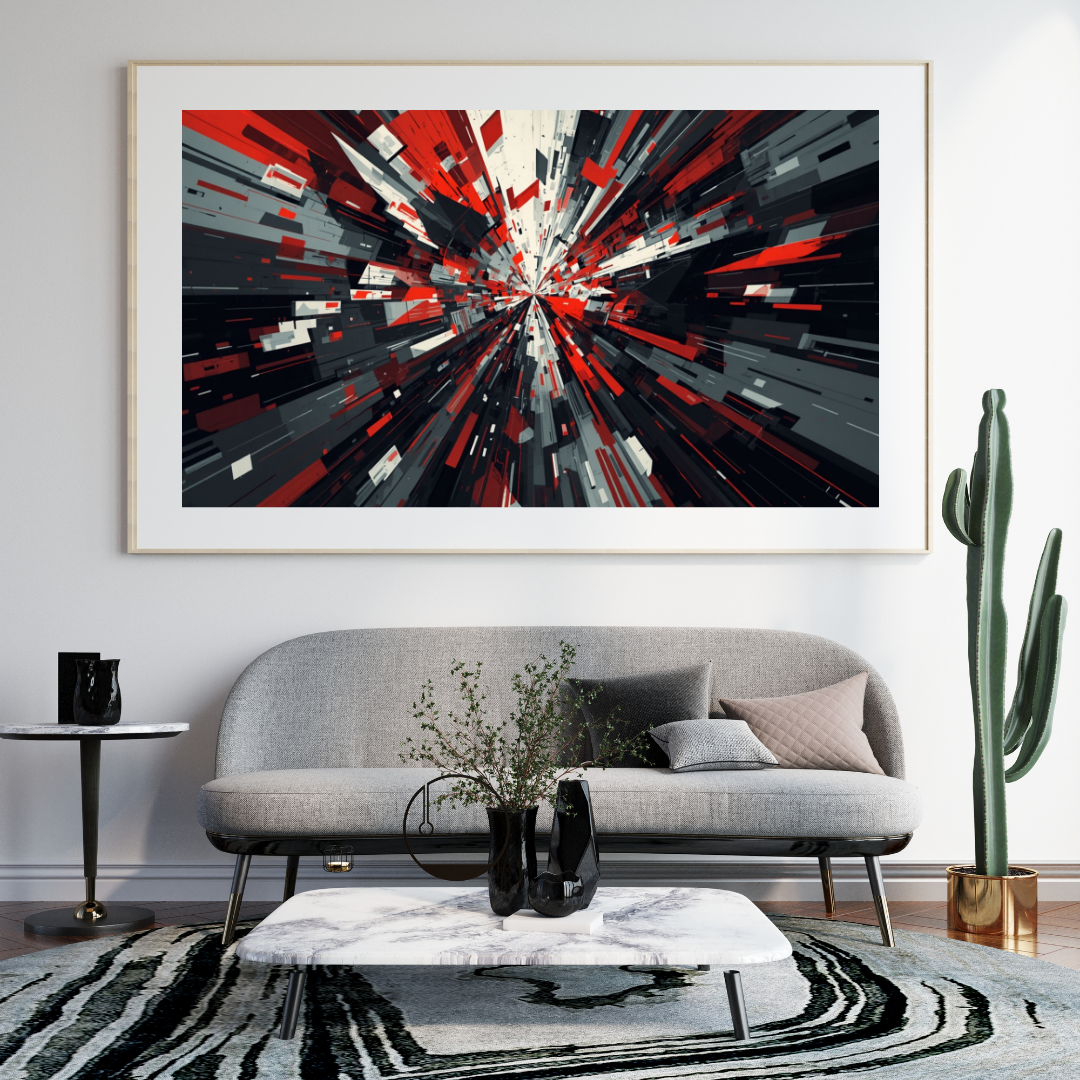 Abstract explosieve energie schilderij in witte lijst aan witte muur boven grijze bank met salontafel en cactus in moderne woonkamer – wall art print interieur

