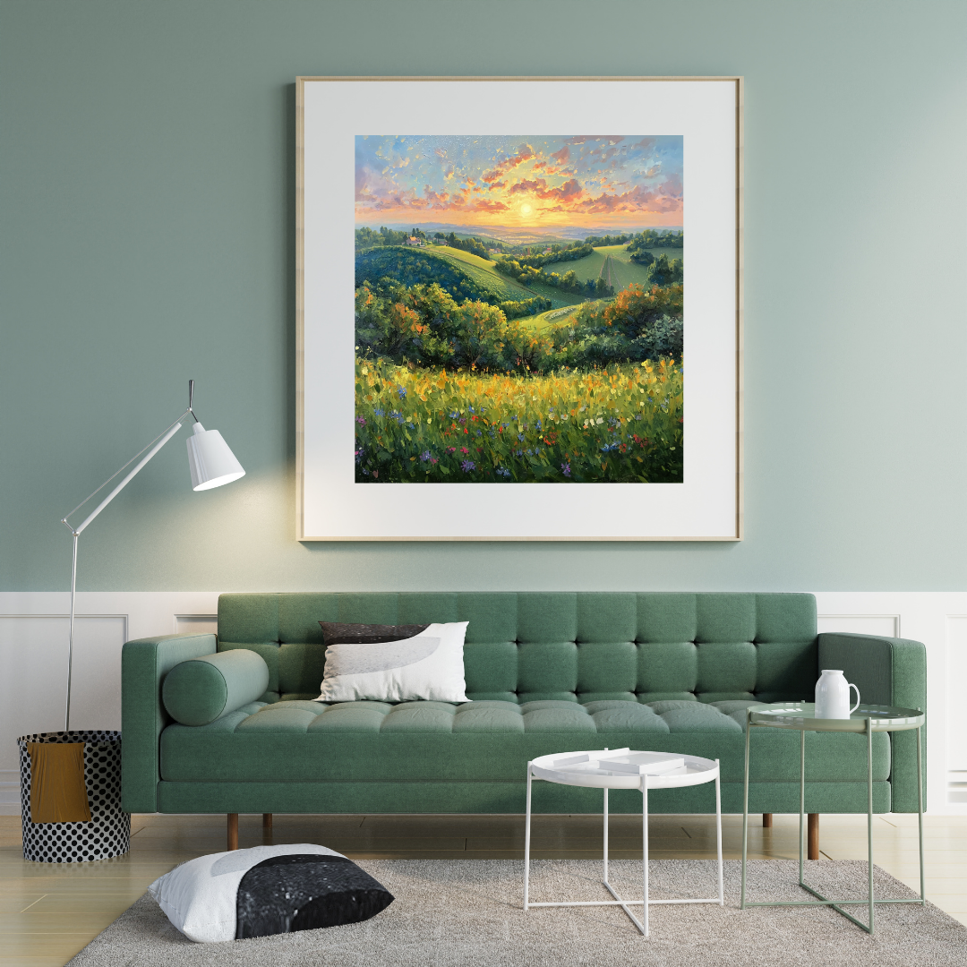 Zonsondergang landschap schilderij in witte lijst aan saliegroen muur boven groene bank met witte kussens en witte vloerlamp in woonkamer – wall art print
