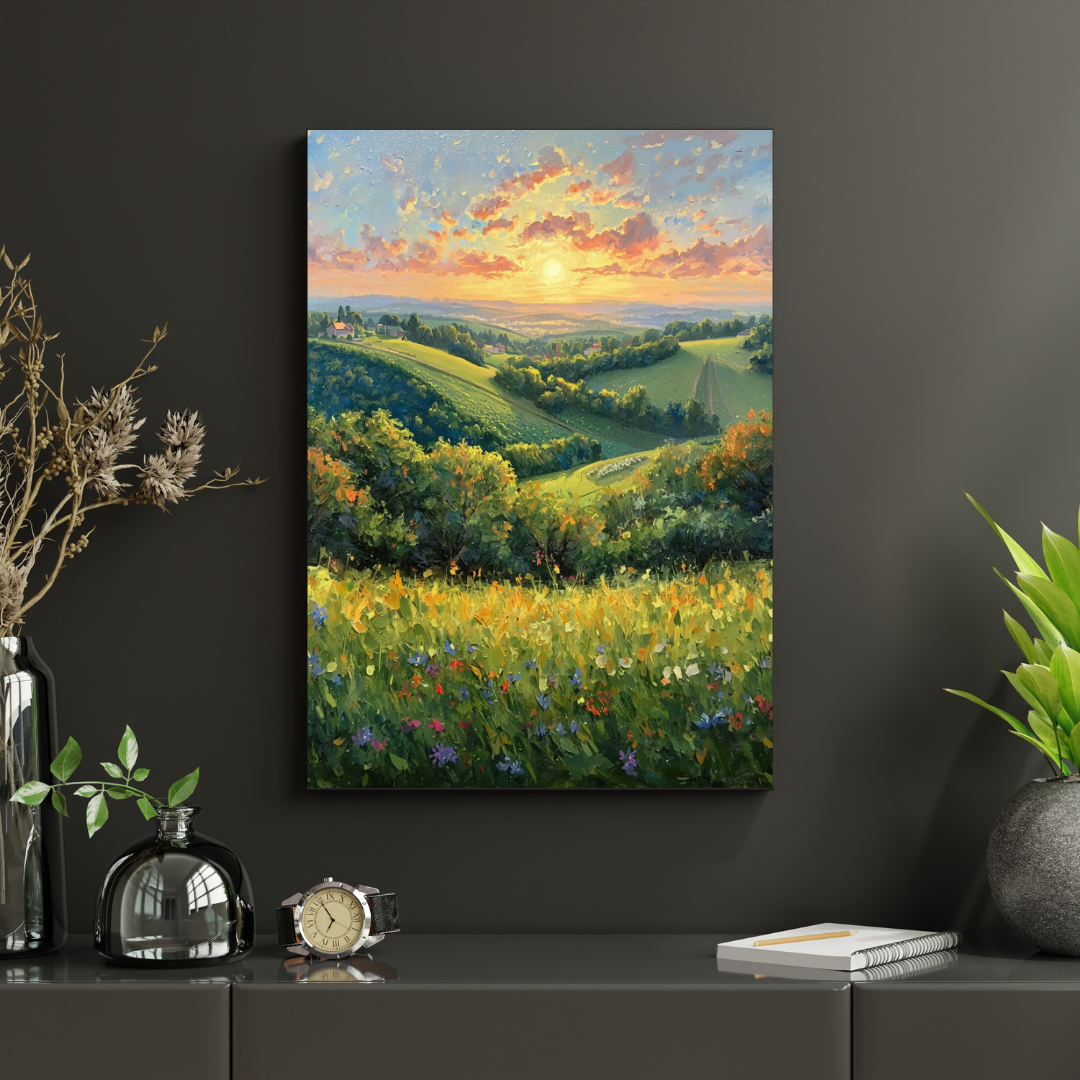Zonsondergang landschap schilderij in donkere lijst aan antraciet muur boven zwart dressoir met glazen objecten en droogbloemen – wall art print interieur
