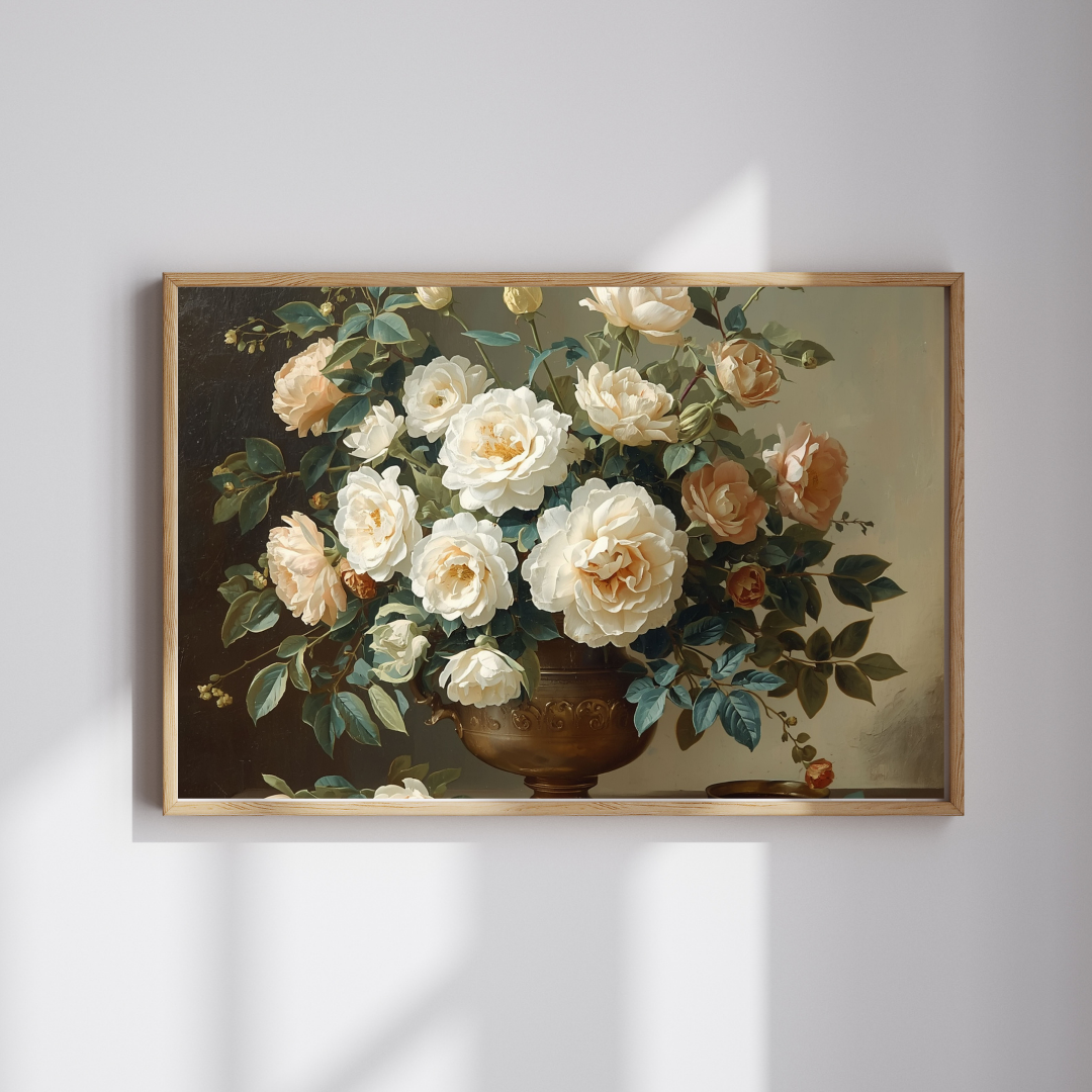 Roomwit boeket schilderij in gouden lijst aan witte muur naast witte lamp boven houten consoletafel in klassieke entree – bloemen wall art print
