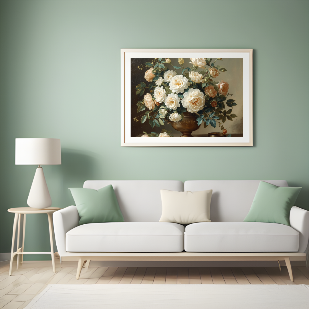 Roomwit boeket schilderij in witte lijst aan saliegroen muur boven grijze bank met witte kussens en witte vloerlamp in woonkamer – wall art print interieur
