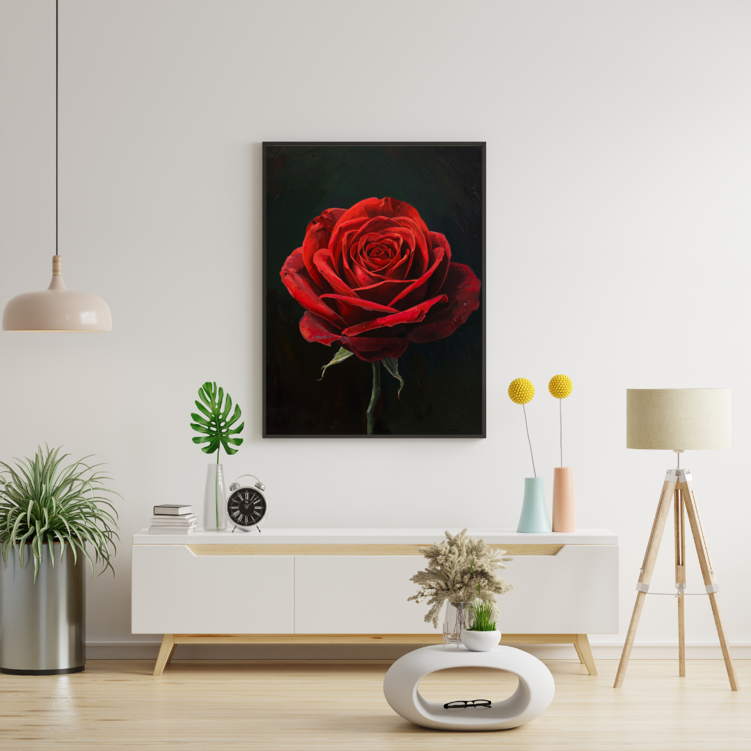 Rode roos schilderij in zwarte lijst aan witte muur boven wit tv-meubel met groene plant en grijze vloerlamp in woonkamer – bloemen wall art print interieur
