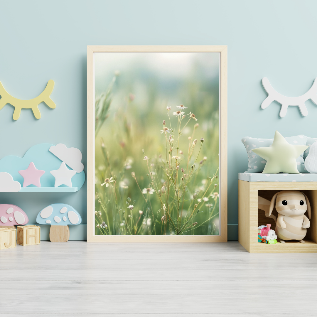 Mistige weide bloemen schilderij in witte lijst aan lichtblauwe muur in kinderkamer met houten kast, speelgoed en slingers – wall art print

