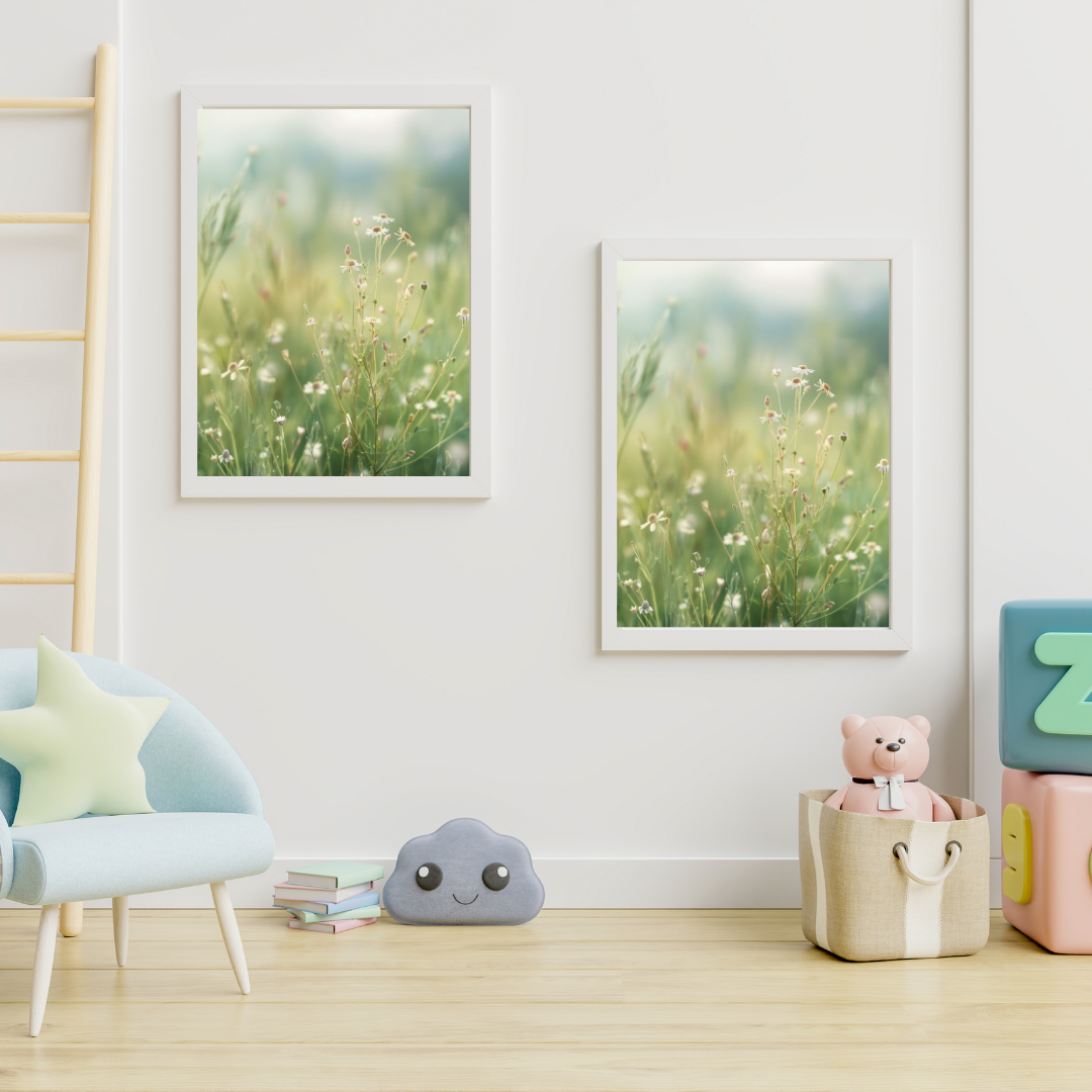 Mistige weide bloemen schilderij in donkere lijst aan antraciet muur boven grijze fauteuil met groene plant en hanglamp in kinderkamer wall art print interieur
