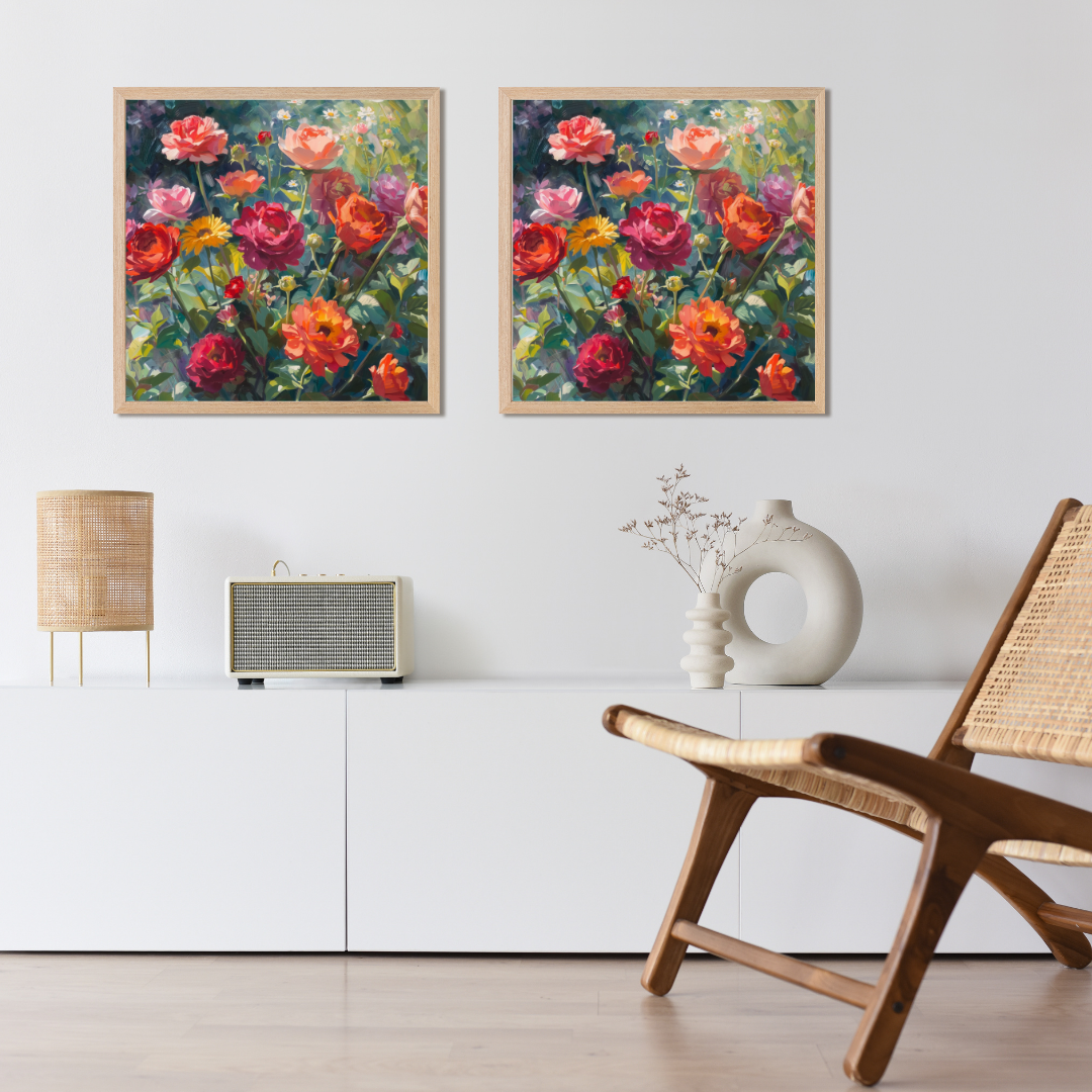 Rozentuin bloemen schilderij als diptiek in zwarte lijsten aan witte muur boven houten radiatorombouw met witte vaas en houten stoel – wall art print woonkamer
