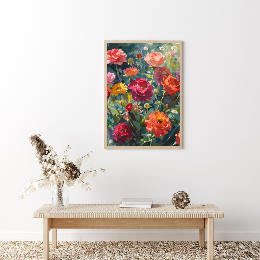 Rozentuin bloemen schilderij in zwarte lijst aan witte muur boven licht houten consoletafel met droogbloemen en decoratieve objecten – wall art print interieur
