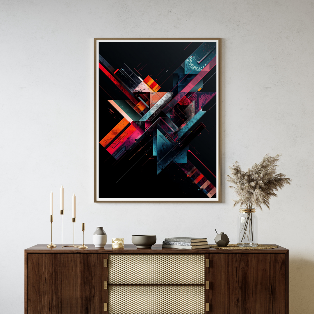Abstract gebroken glas schilderij in zwarte lijst aan witte muur boven donker houten dressoir met kaarsen en vaas met takken – wall art print eetkamer
